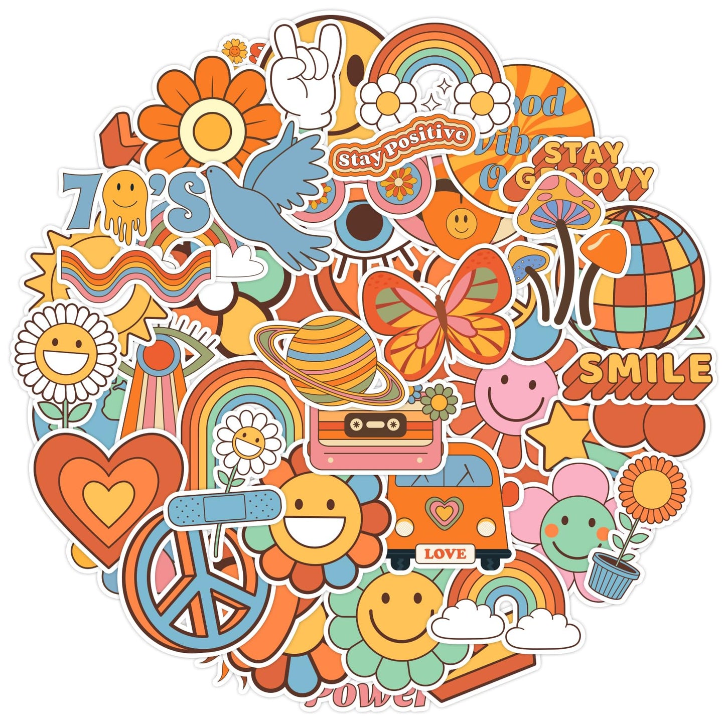 50 Pcs Hippie Stickers Groovy Preppy Boho Daisy 70s RetroVinyl Waterproof Stickers Hippy Party Decorations Peace Sign Stickers for Laptop Car Water Bottles Computer Phone Stickers for Kids Teens