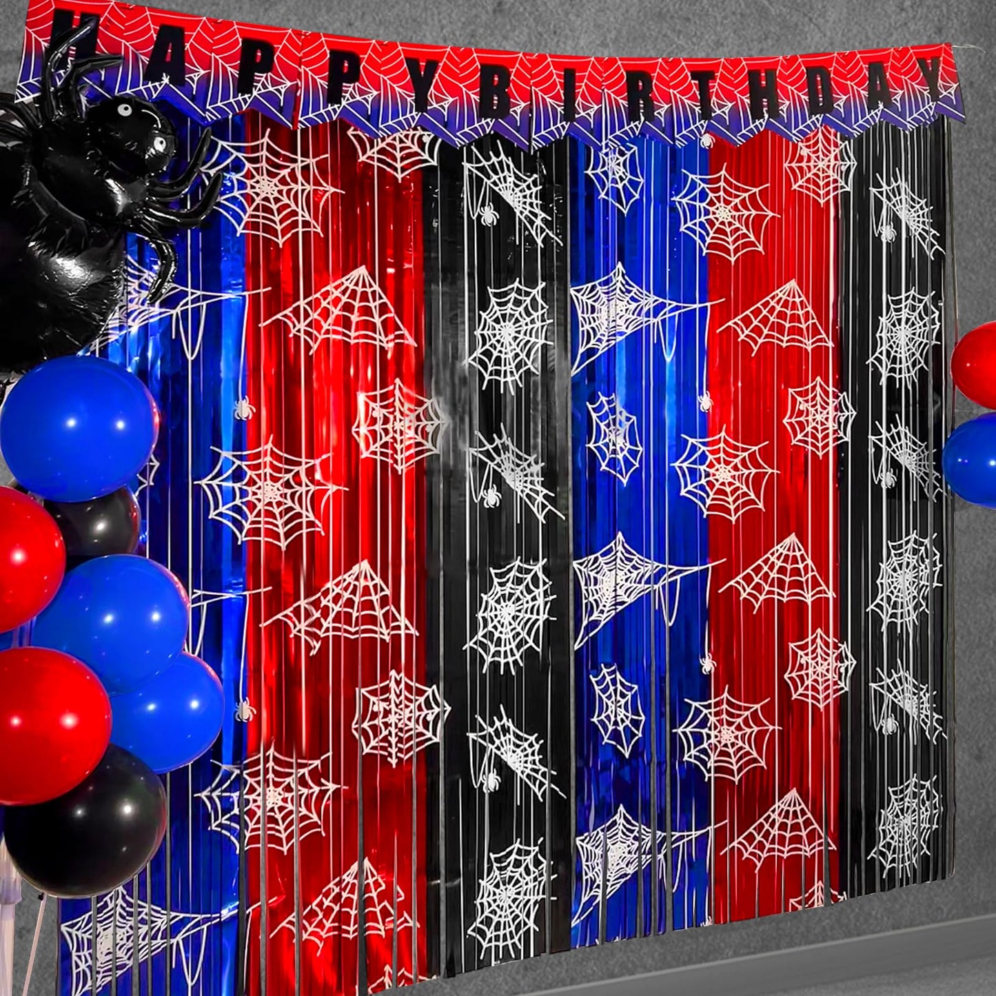Spider Web Party Backdrop – Foil Fringe Curtains & Banner Set