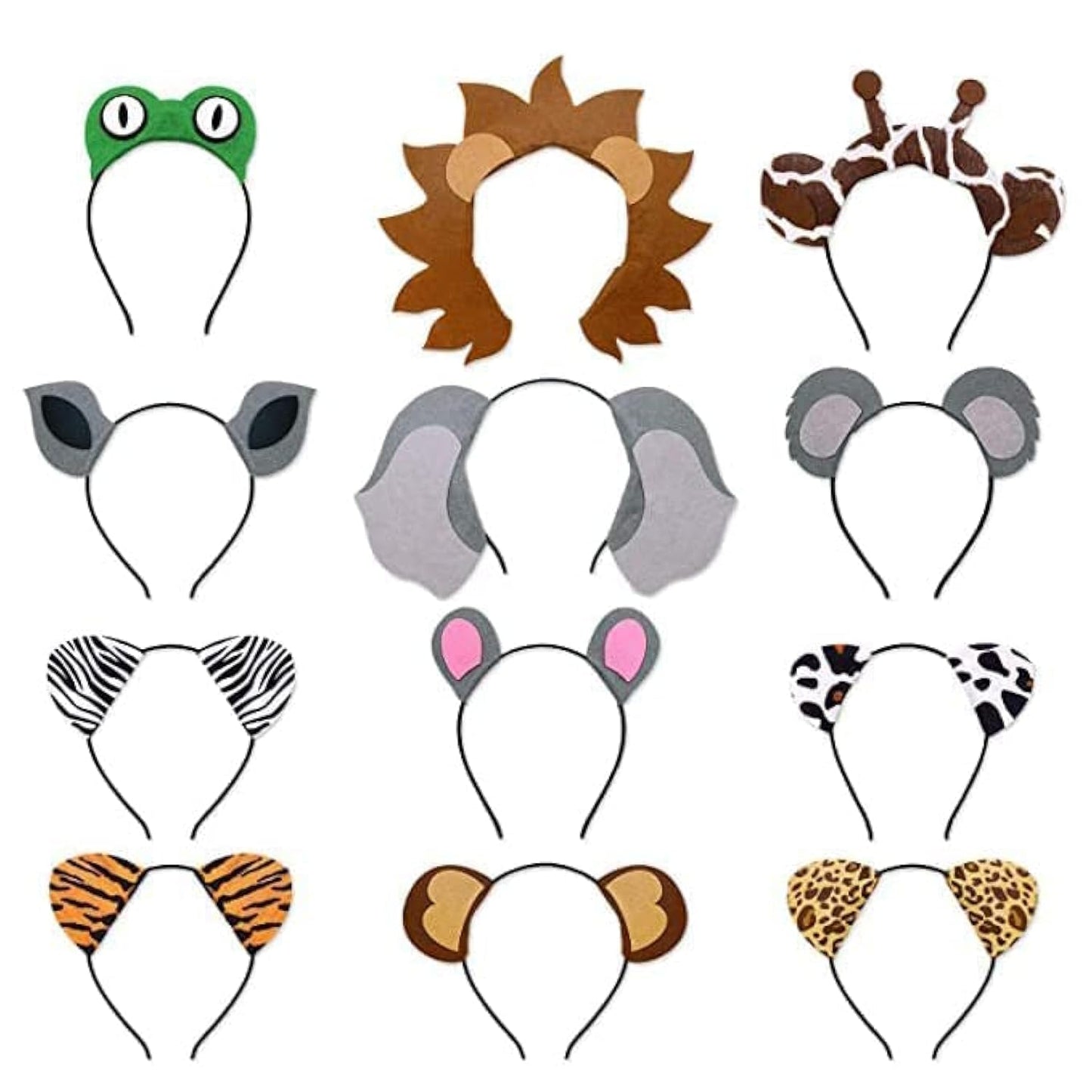 12pcs Jungle Animal Safari Headbands with Animal Hair Hoops - Photo Booth Props Party Favors and Decorations for Kids and Adults