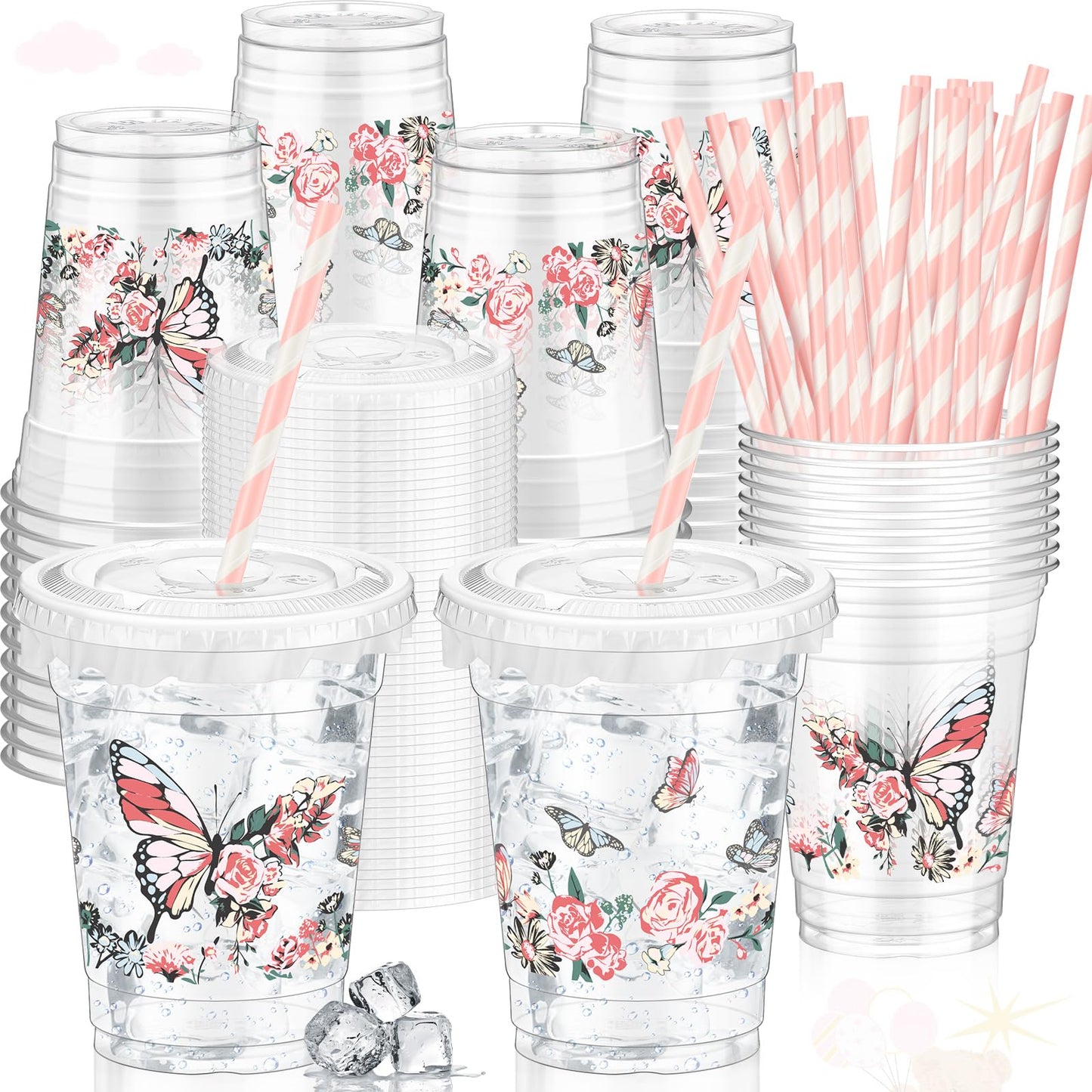 Butterfly 12oz Plastic Cups with Lids & Straws – 50 Pack