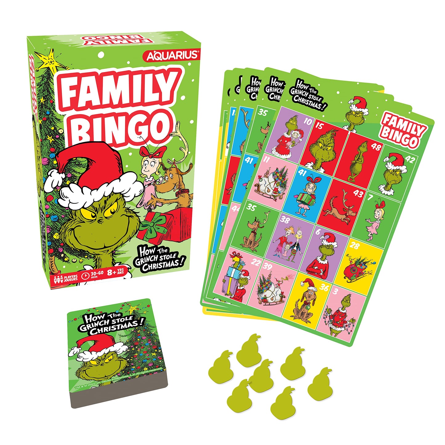 AQUARIUS Grinch Bingo Game - Fun Family Party Game for Kids Teens and Adults - Entertaining Family Game Night Gift - Officially Licensed Grinch Merchandise - Ages 8 and Up (96333)