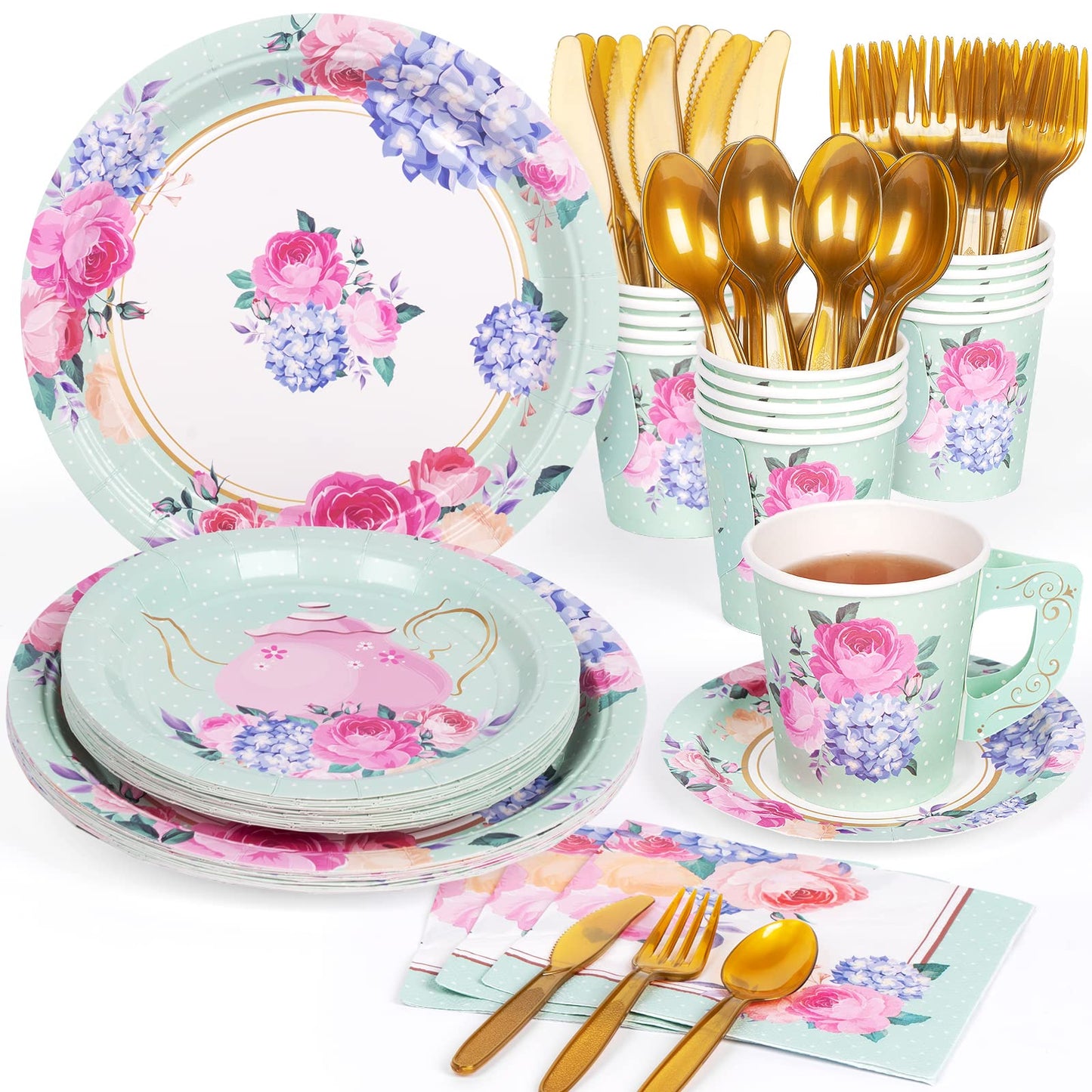 DECORLIFE Tea Party Supplies Serves 16 Tea Party Plates and Napkins Sets Paper Saucers Tea Cups with Handles for Girls Birthday Baby Shower Total 128 PCS