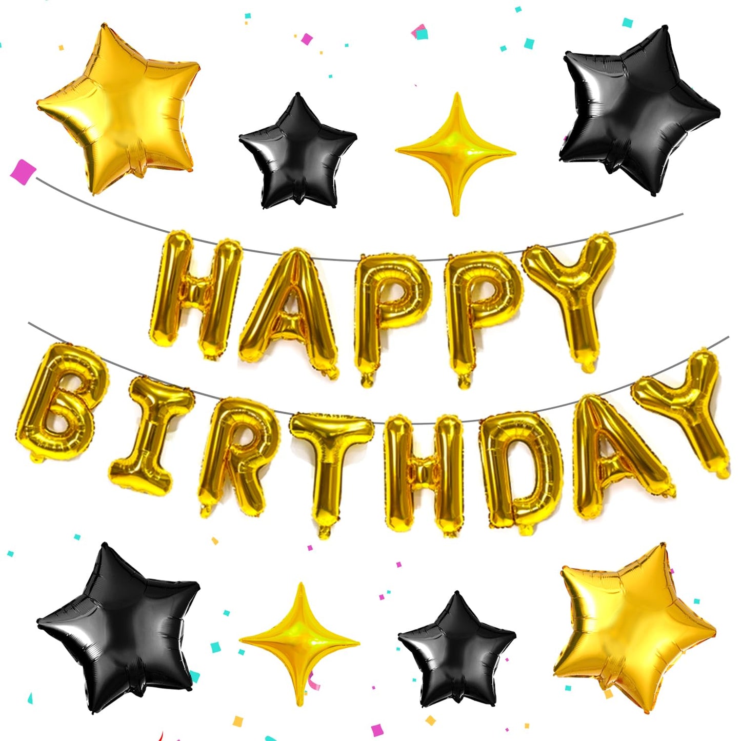 Gold Happy Birthday Foil Balloon Banner with 3D Star Balloons