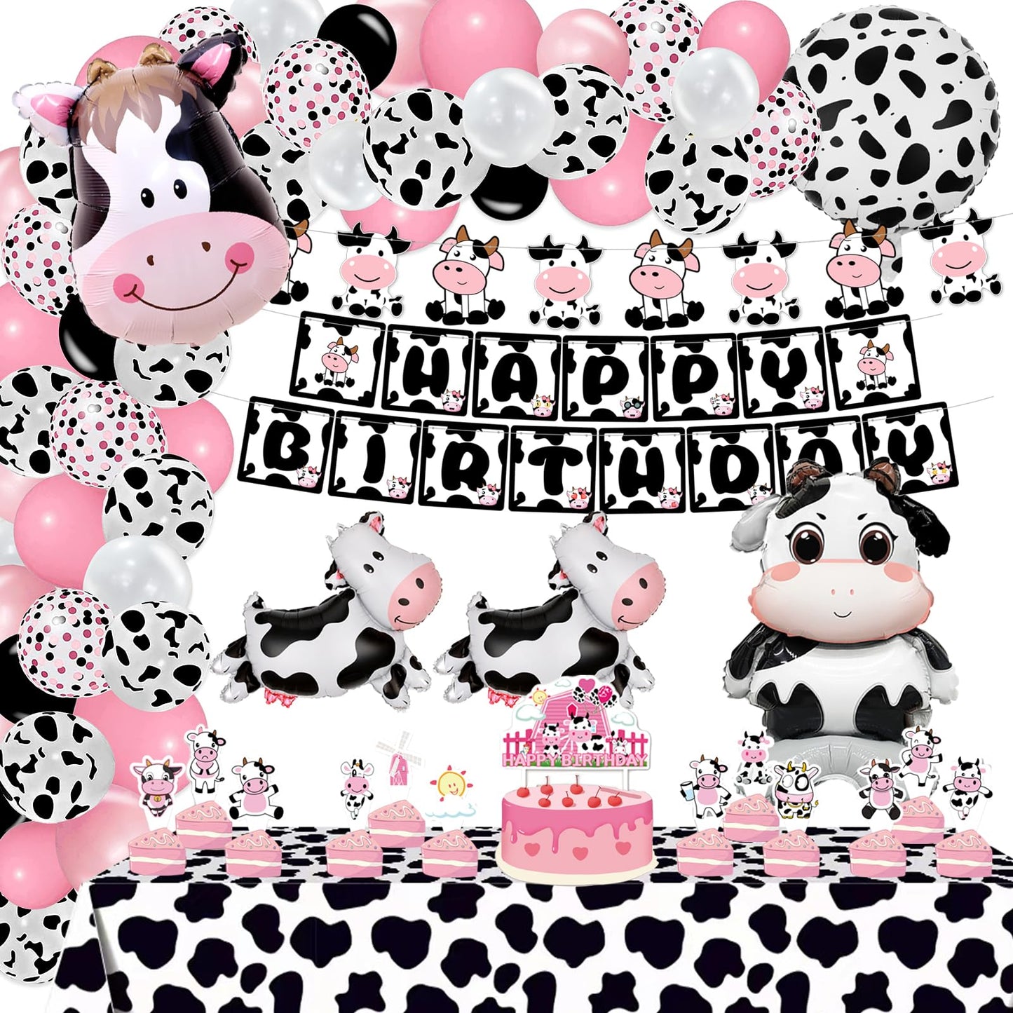 120PCS Cow Birthday Party Decorations Cow Print Birthday Decorations Include Pink Cow Balloon Garland Arch Tablecloth Banner Toppers Balloons for Cow Themed Birthday Party Supplies