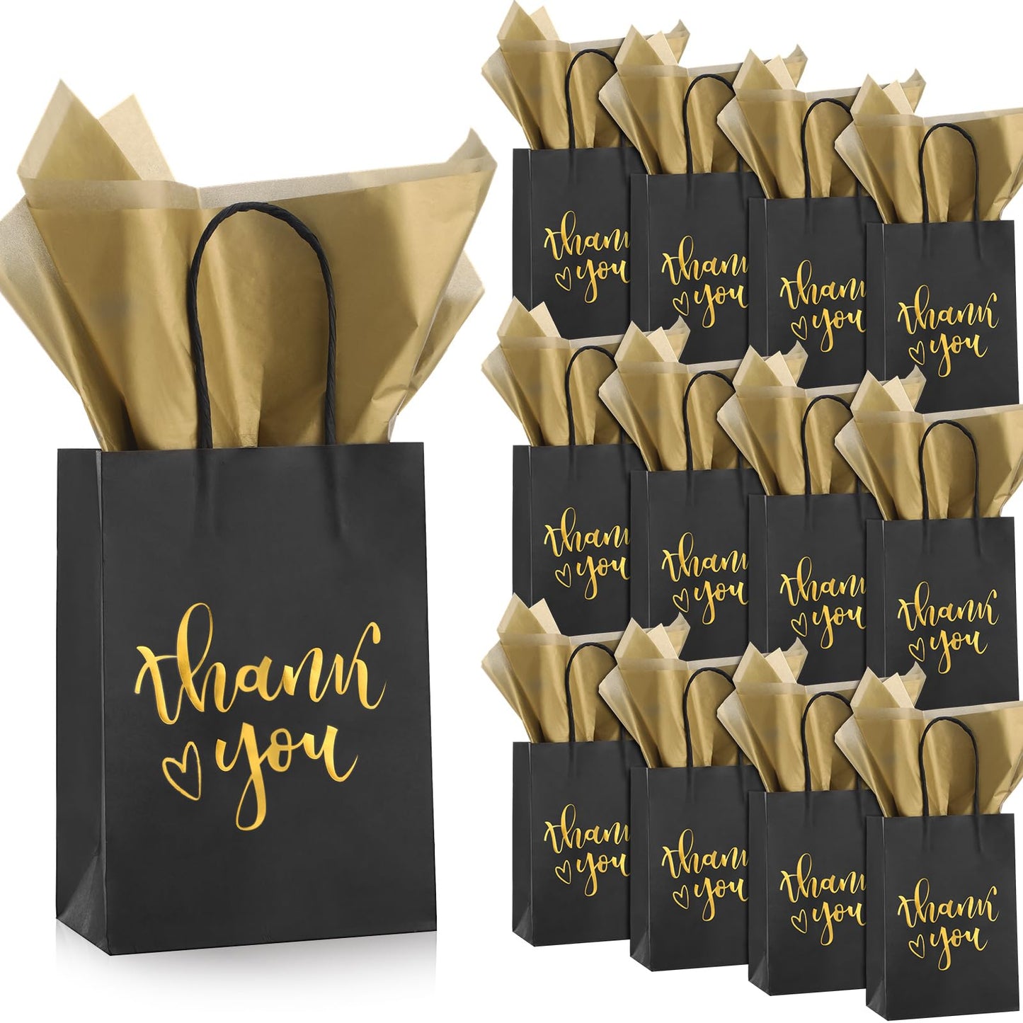 Black Thank You Gift Bags with Gold Tissue Paper – 50 Pack