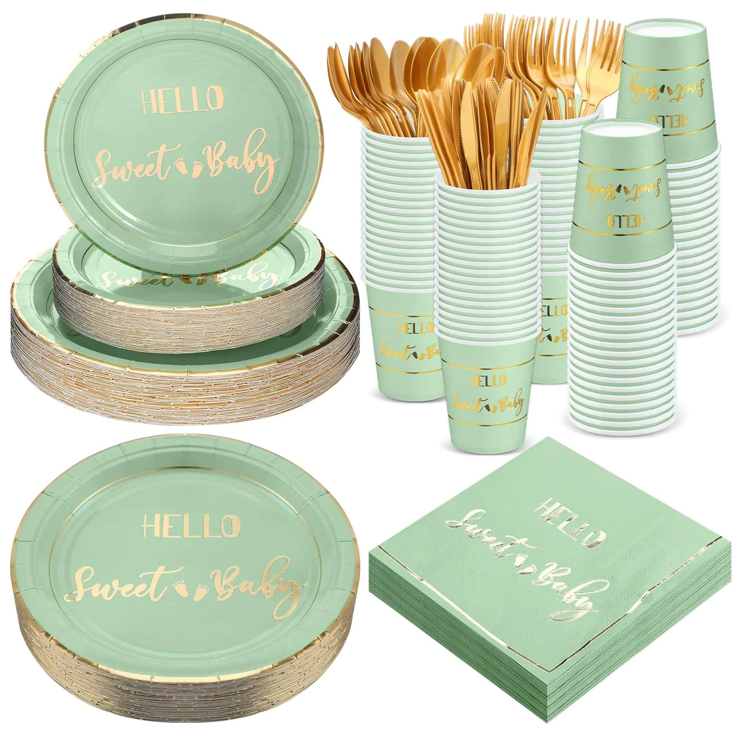 Green Fresh Hello Sweet Baby Disposable Dinnerware Set