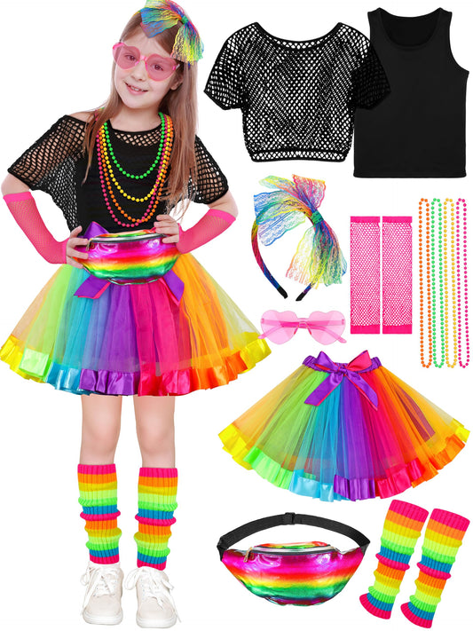 Girls' 80s Rainbow Costume Accessories Set – 14 Piece for Kids