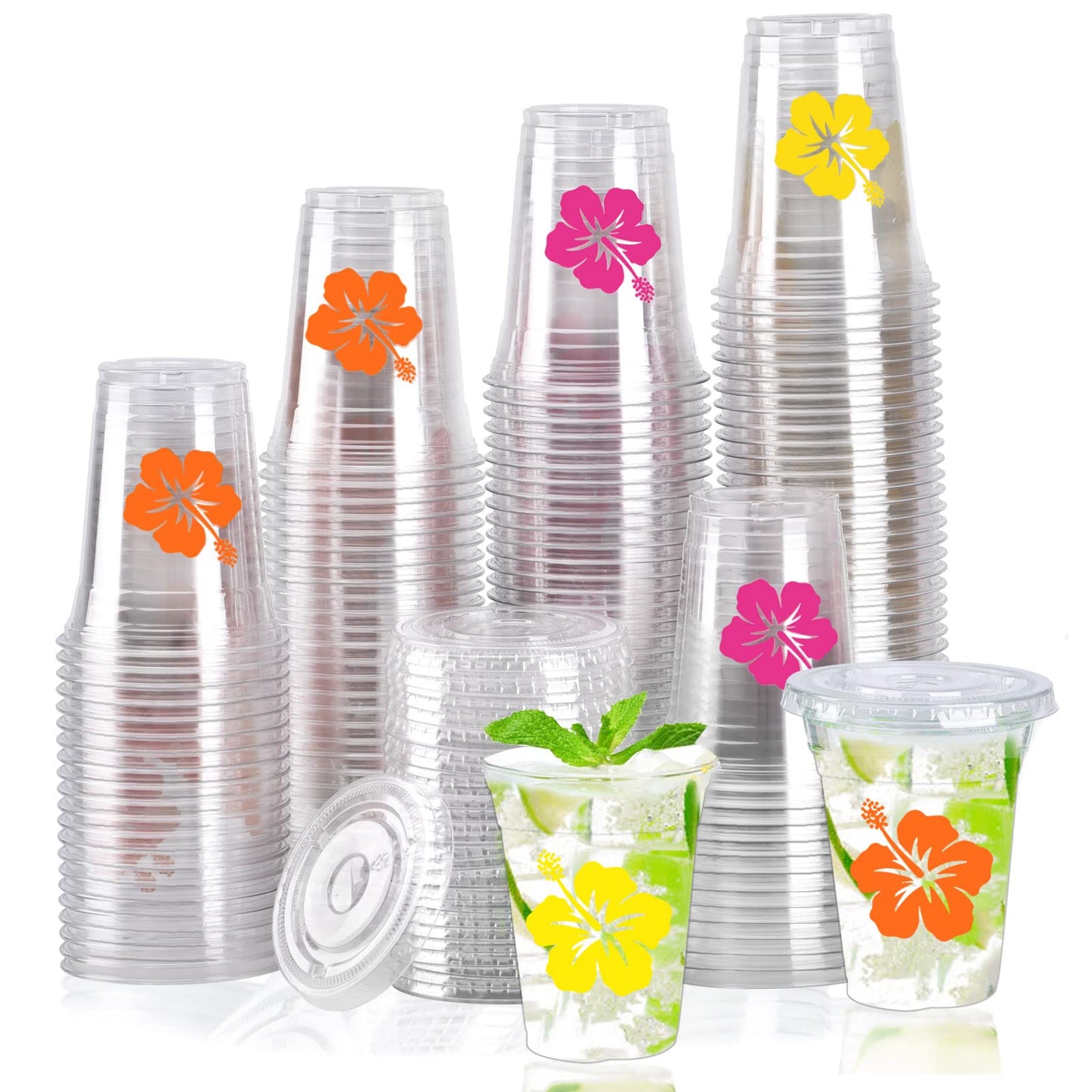 Hibiscus Hawaiian Luau 12oz Plastic Cups with Lids – 150 Pack