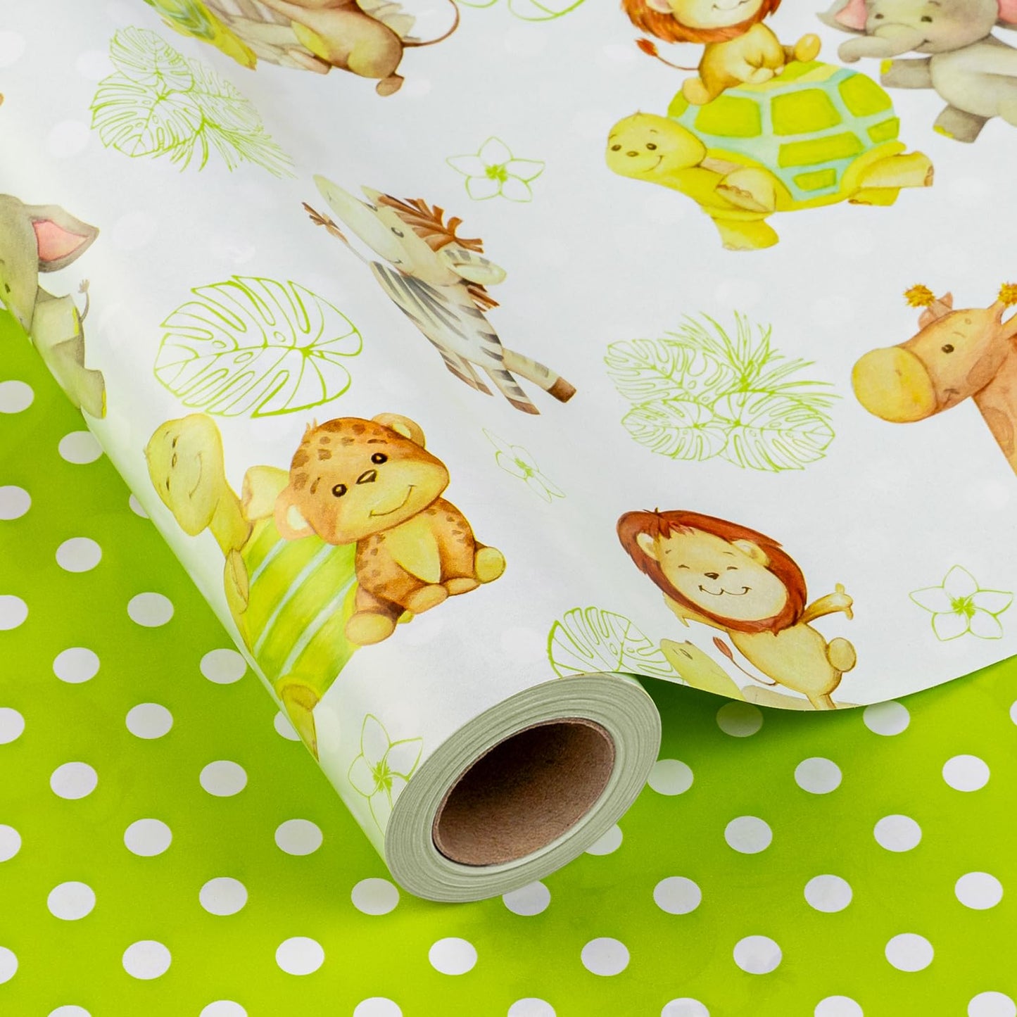 HOMERAL Reversible Baby Shower Wrapping Paper Roll - 17 In x 33 Ft (46.8 sq.ft.) - Neutral Cute Safari Animals & Polka Dot Pattern Avocado Green Newborn Gift Wrap Paper for Baby Shower 1st Birthday Party