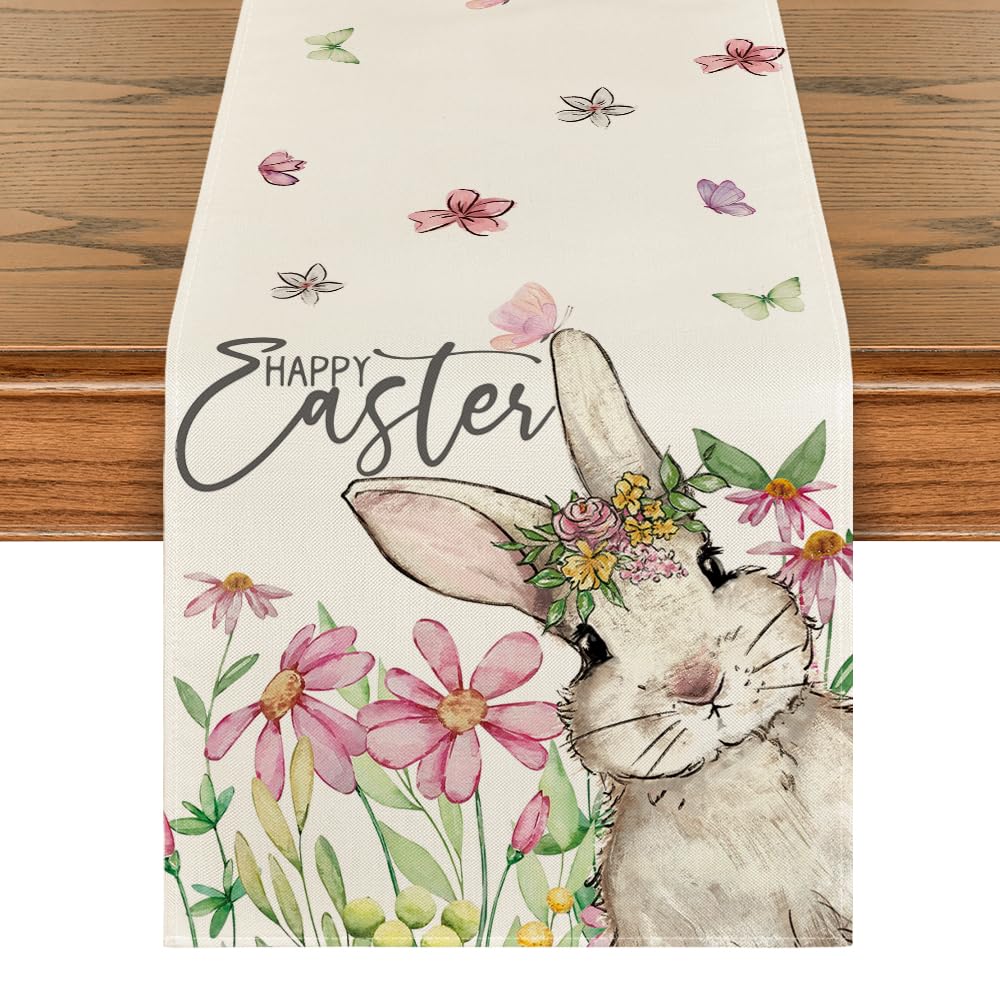 Artoid Mode Daisy Bunny Rabbit Easter Table Runner Seasonal Spring Kitchen Dining Table Decoration for Home Party Decor 13x120 Inch