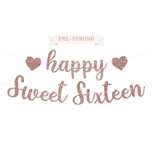 Pre-Strung Sweet Sixteen Birthday Banner – Rose Gold Glitter, 8 Ft