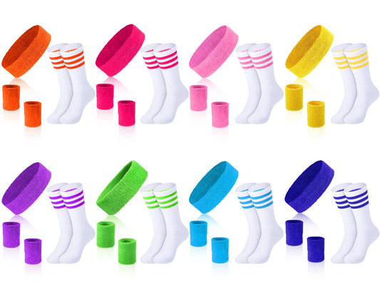 80s & 90s Sweatbands, Headbands & Striped Socks Set – 8 Colours, 8 Sets