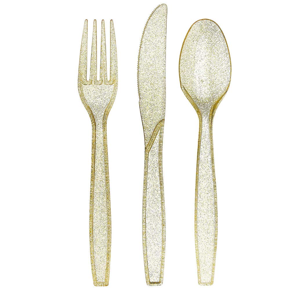 Gold Glitter Disposable Plastic Cutlery Set - 180 ct