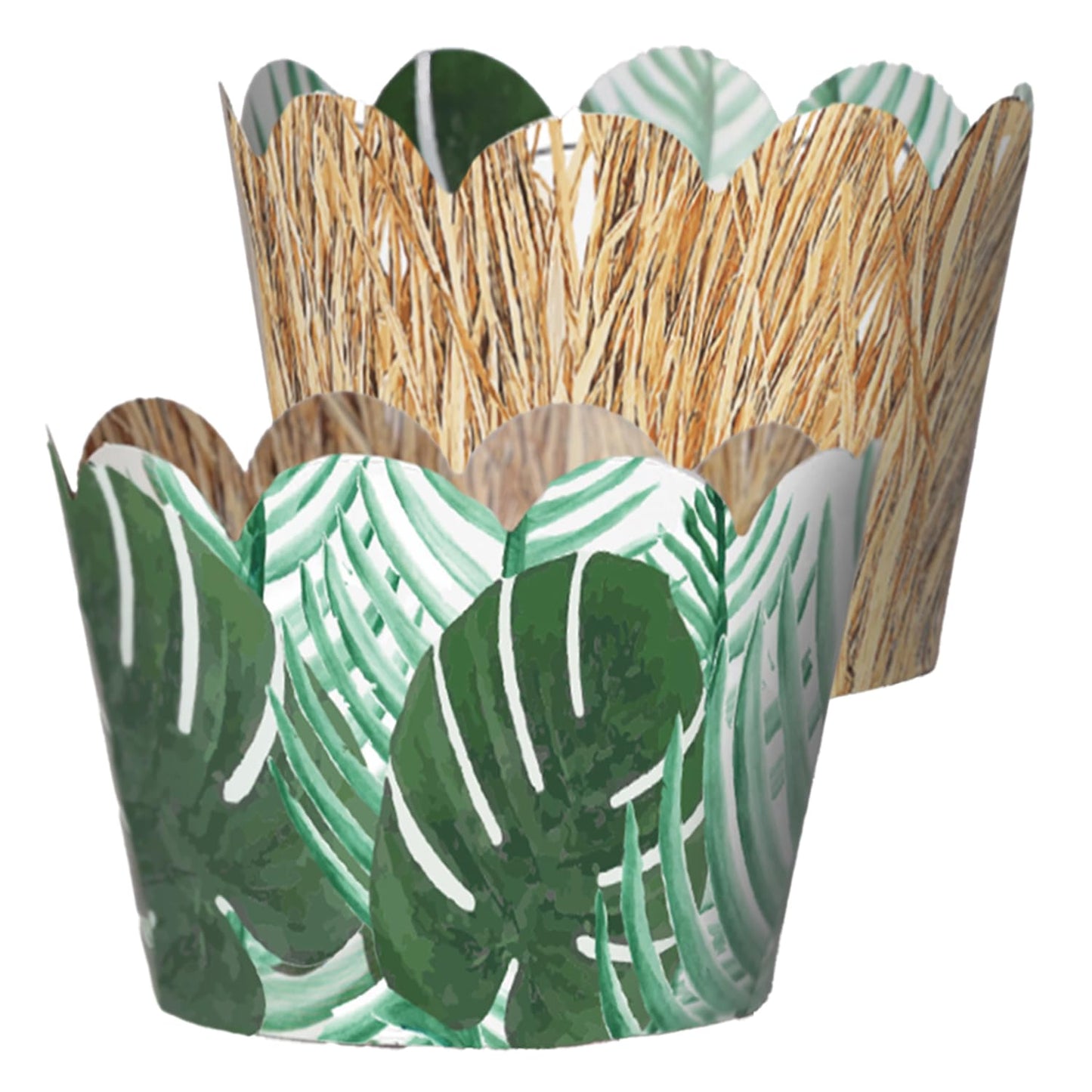 Cupcake Wrappers - Tropical Wedding Bridal & Baby Shower Hawaiian Luau Birthday Party Supplies Reversible Neutral Gender Dessert Wraps - Island Resort Holiday Jungle (Palm Tiki Grass Skirt 24)