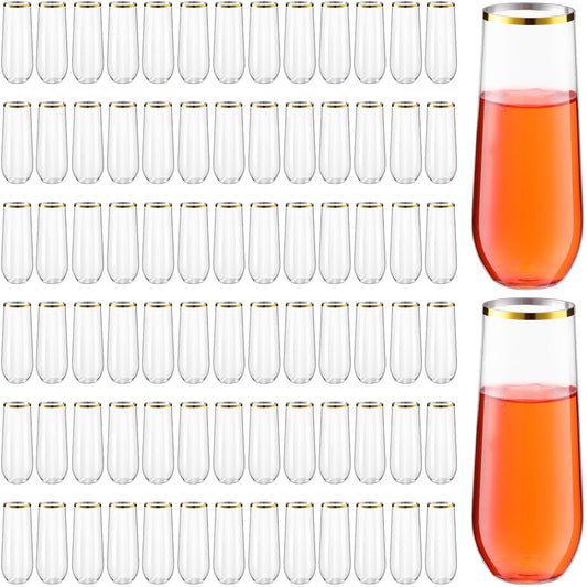 Tessco 80 Pcs Plastic Champagne Flutes 9 oz Plastic Wine Glasses Plastic Champagne Cups Unbreakable Toasting Glasses for Drinking Cocktail Christmas Party Wedding Shower Birthday (Gold Rim)