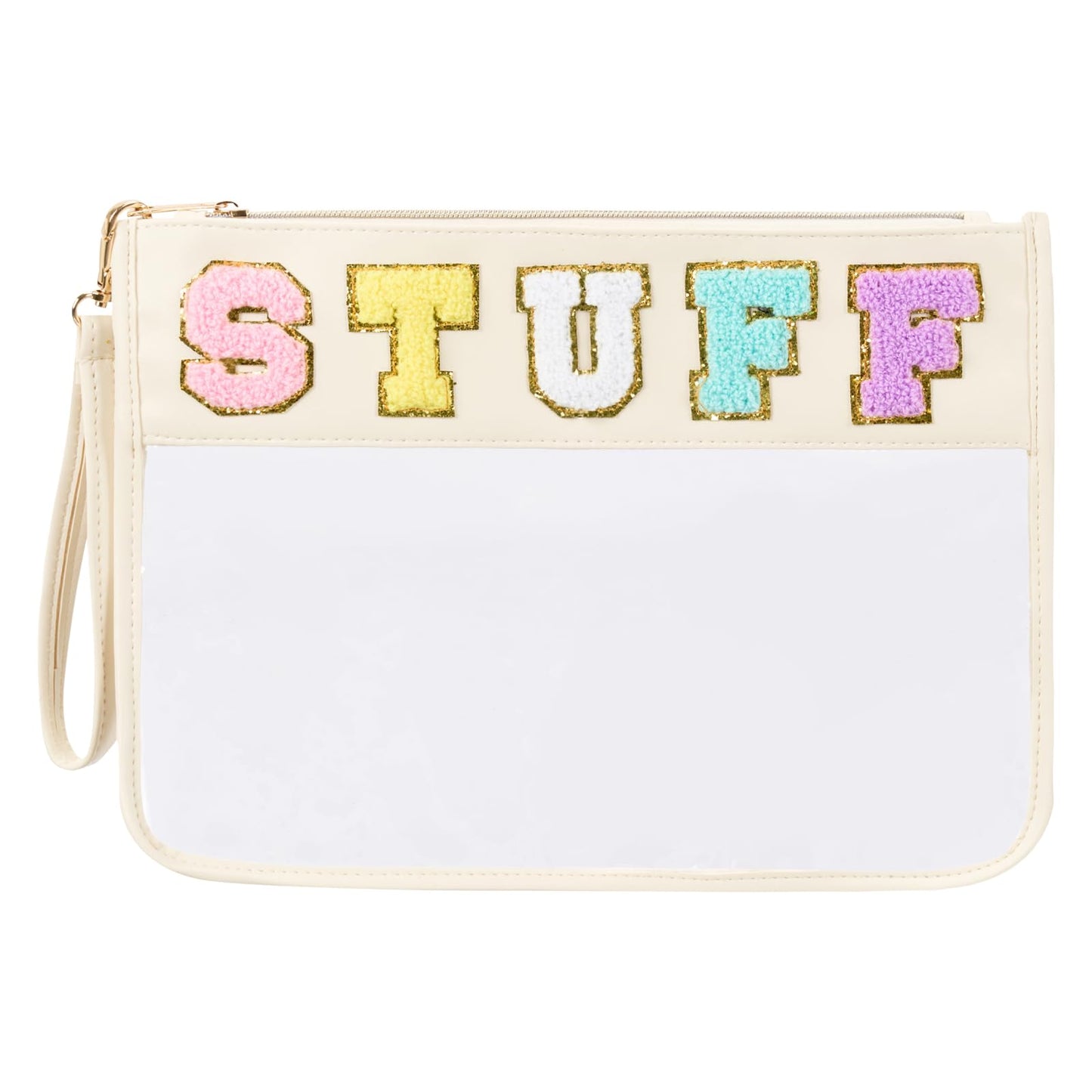 Burskit Stuff Bag Preppy Makeup Bag Stoney Clover Bag Stuff Clear Cosmetic Travel Bag Chenille Letter Stuff Pouch Clear Cosmetic Bag Clear Zipper Pouches for Women Girls