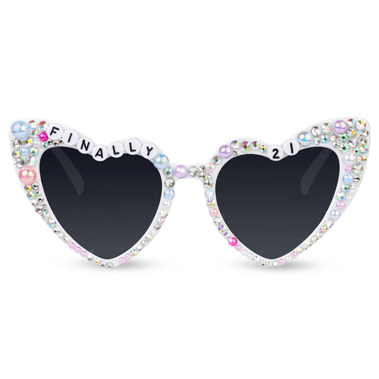 Finally 21 Rhinestone Heart Sunglasses, White - 21st Birthday