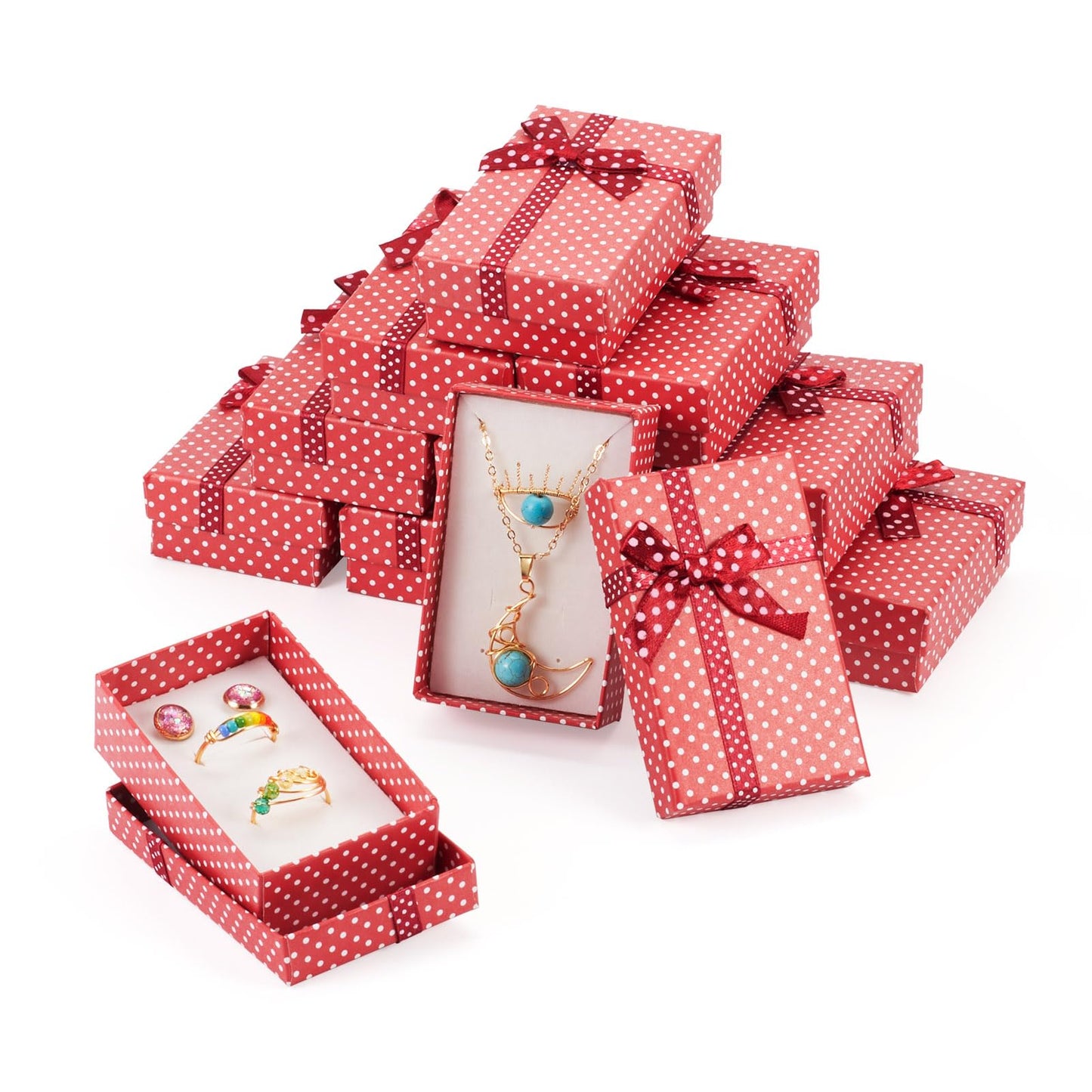 Craftdady 12Pcs Red Polka Dot Cardboard Jewelry Storage Boxes with Bowknot Sponge Pad Filled Rectangle Boxes Empty Small Present Box with Lids 8x5x2.5cm for Earring Necklace Ring Bracelet Display