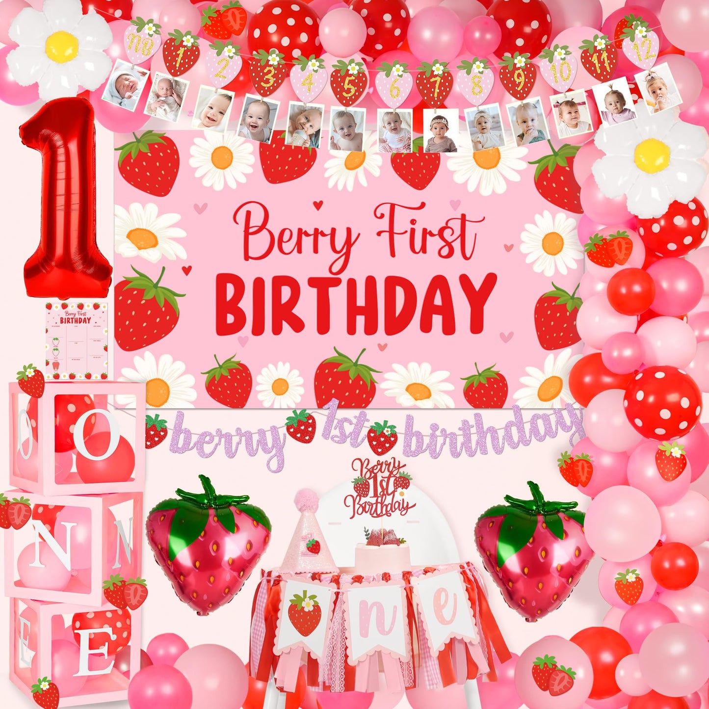 Berry First Sweet One Strawberry 1st Birthday Backdrop & Decoration Set