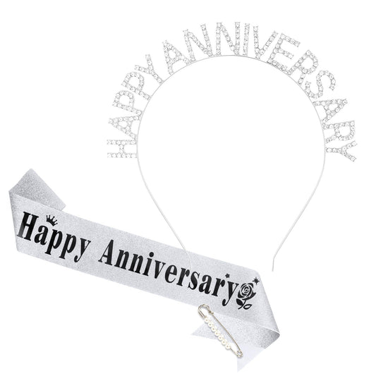 YARIEW Happy Anniversary Headband and Sash Set for Women and Girls Rhinestone Headband and Silver Sash for Happy Anniversary Decorations Gifts for Women