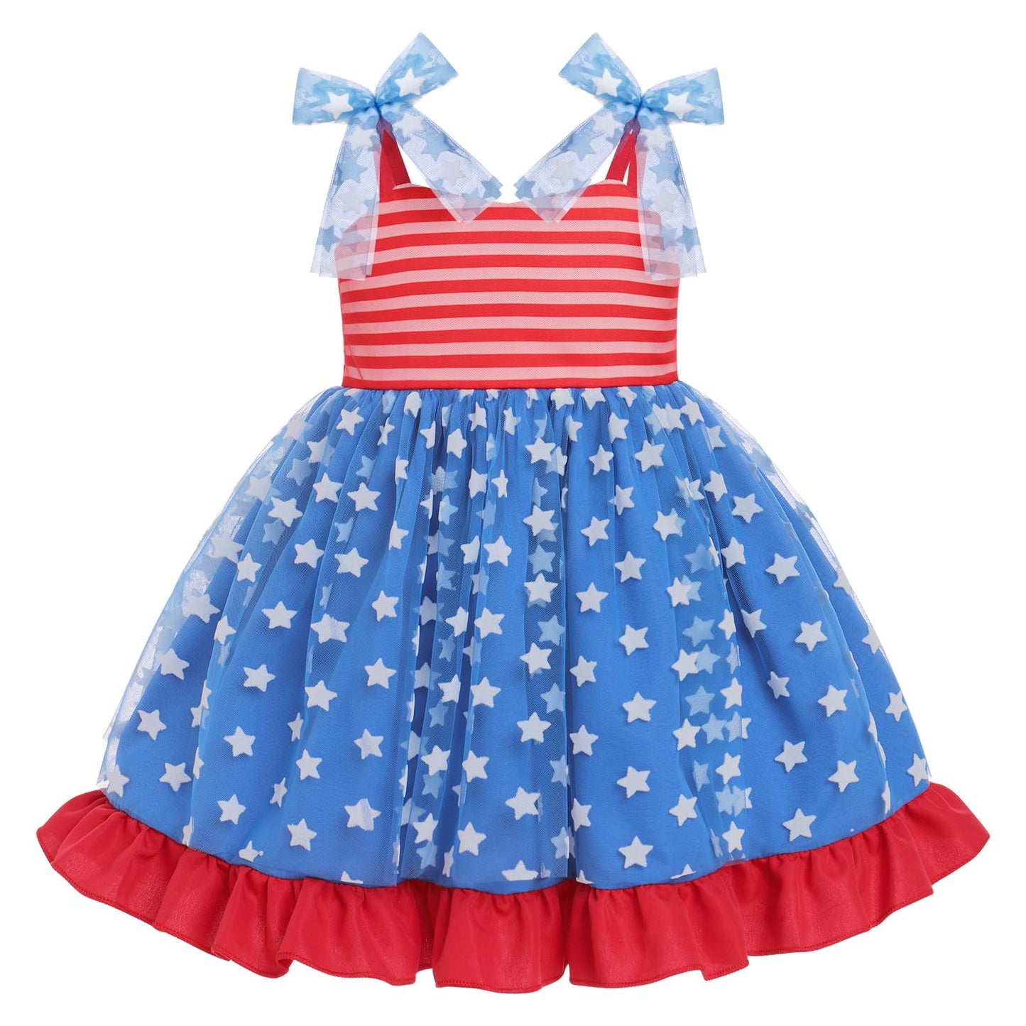 Patriotic Tutu Tulle Ruffle Spaghetti Strap Dress, Red White Blue - Toddler Girls