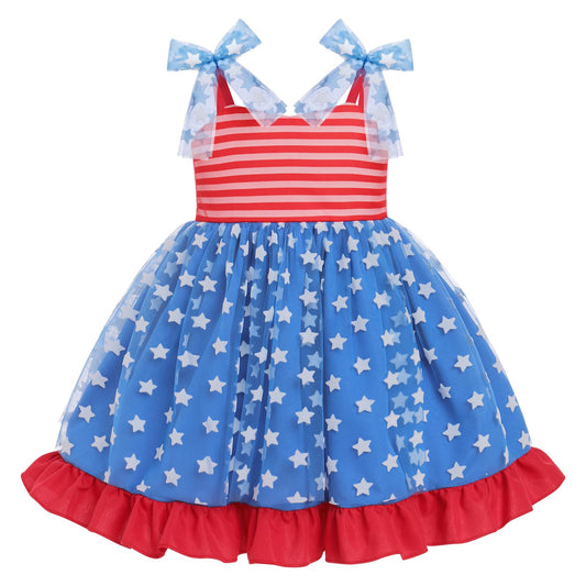 Patriotic Tutu Tulle Ruffle Spaghetti Strap Dress, Red White Blue - Toddler Girls