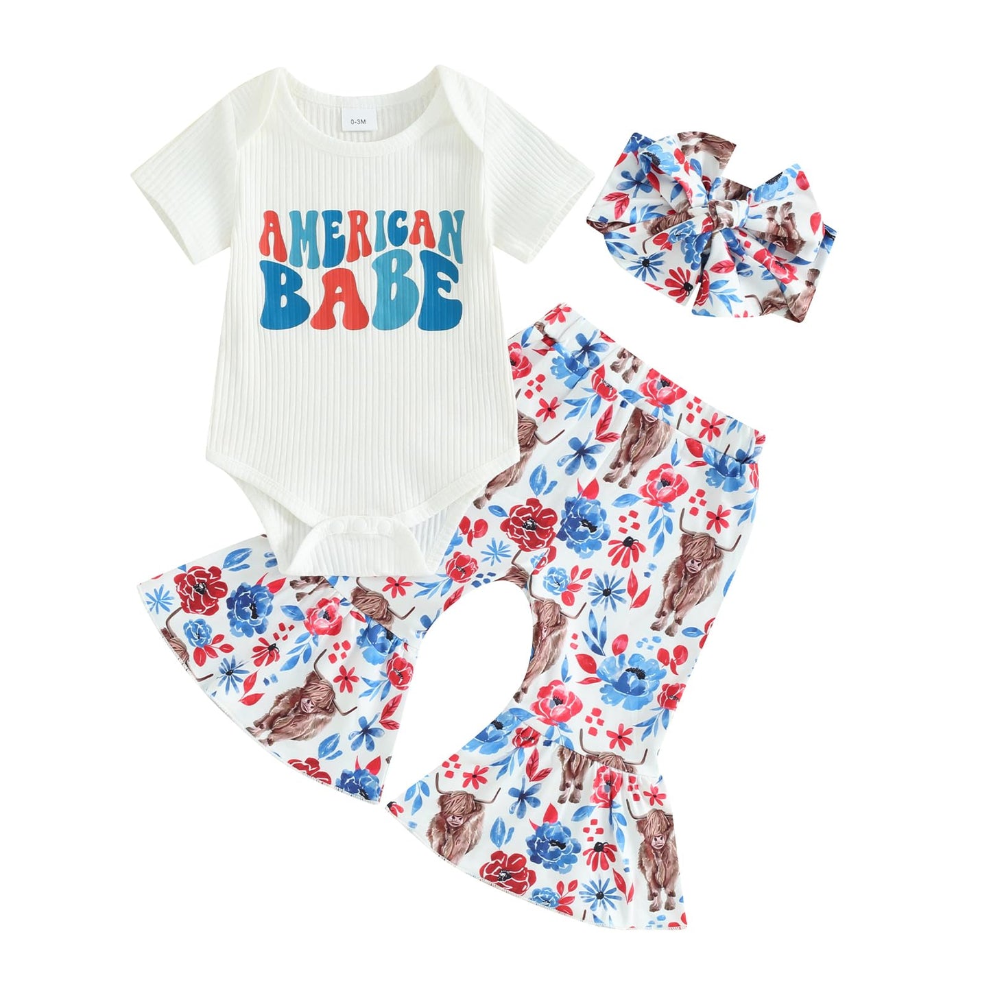 Patriotic Baby Girl Ribbed Romper & Pants Set, 4th of July