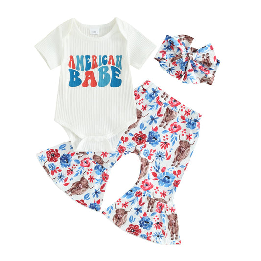 Patriotic Baby Girl Ribbed Romper & Pants Set, 4th of July