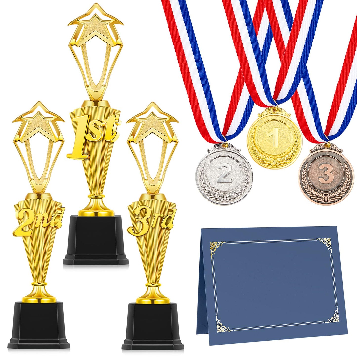 Motionchic 12 Pcs Trophy Award Set 3rd 2nd 1st Place Trophy 3 Award Medals in Gold Silver Bronze 3 Certificate Holders with Pages for Sports Basketball Soccer Competitions Reward Ceremony(Fresh)