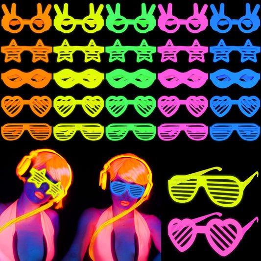 UV Neon Glow Party Glasses – 25 Pack, 5 Colours