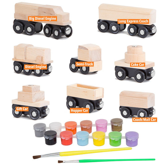 Unpainted Wooden Train Cars with Paint Set – 8 Piece