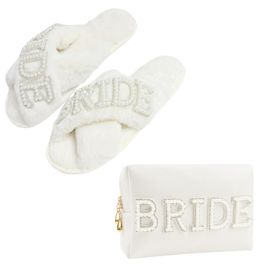Bride Letter Makeup Bag & Fuzzy Slippers Gift Set