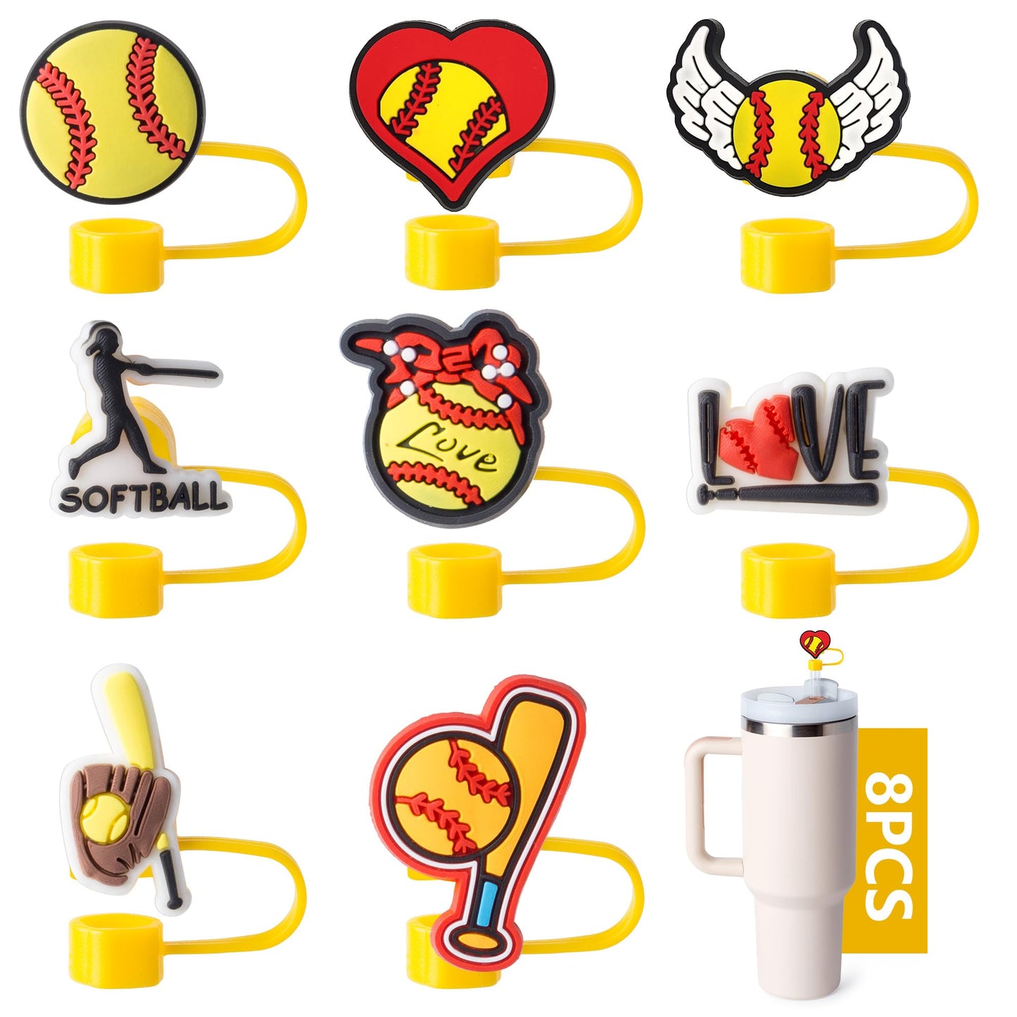 Softball Straw Covers for Stanley Cup – 8 Pack, 10mm Diameter