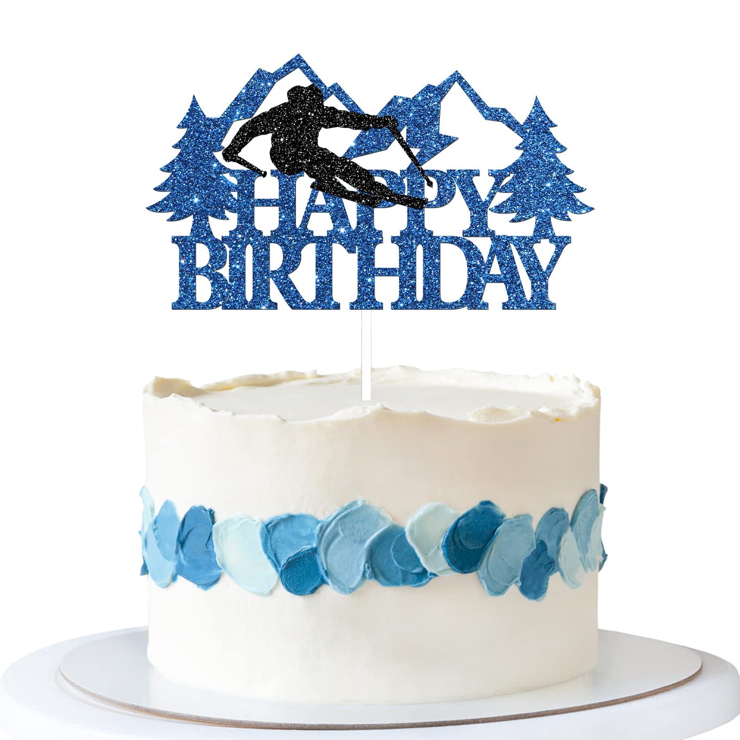 Glitter Skiing Birthday Cake Topper – Blue & Black
