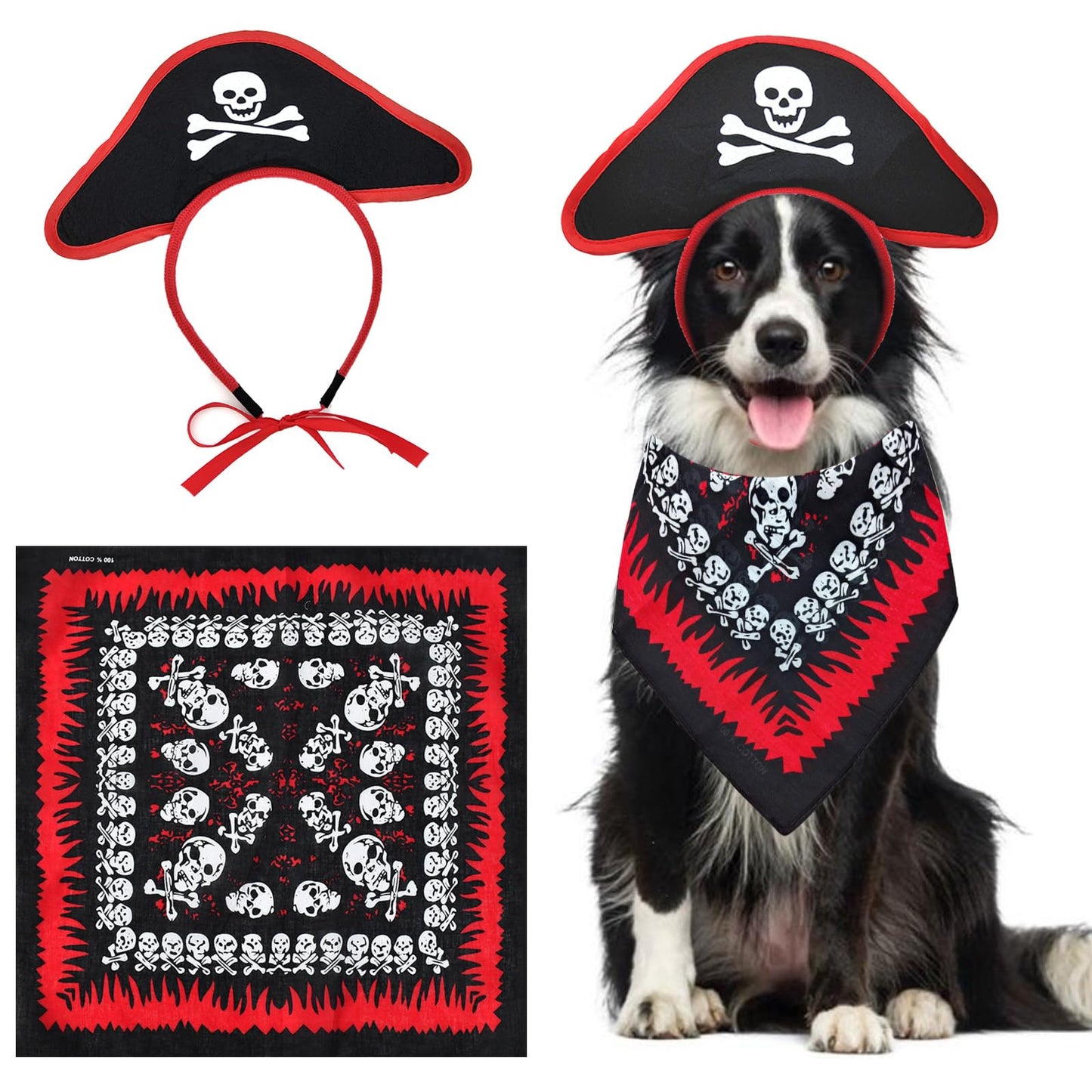 2PCS Pet Pirate Costume Halloween Dog Costume Skull Bandana Pirate Hat Headband Puppy Captain Cap Pirates of The Caribbean Style Clothes Funny Halloween Outfits Accessories for Medium Large Dogs