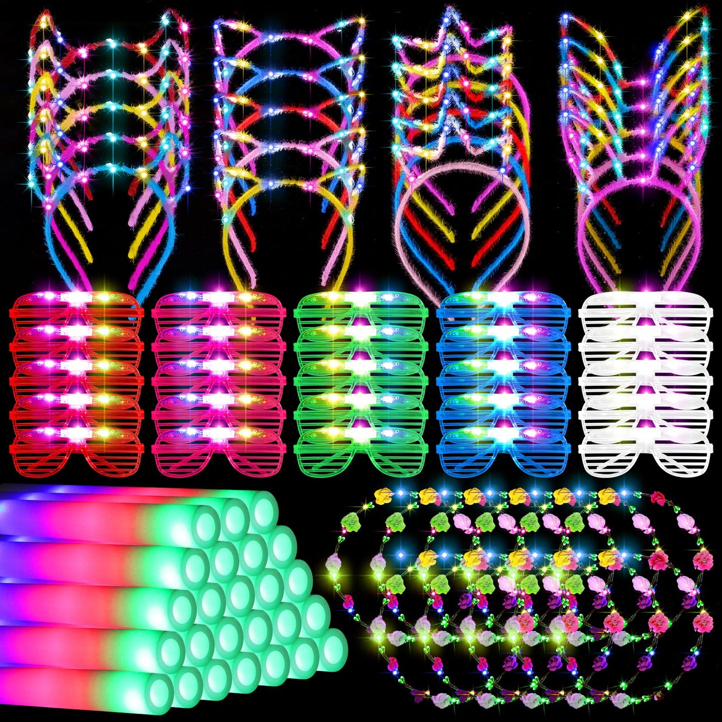 Redbaker 75 Pcs Light up Party Favors Include Light up Headband Foam Sticks LED Glasses Glow Flower Crown Glow in the Dark Party Supplies for Neon Rave Party Carnival Birthday Halloween (75 Pcs)