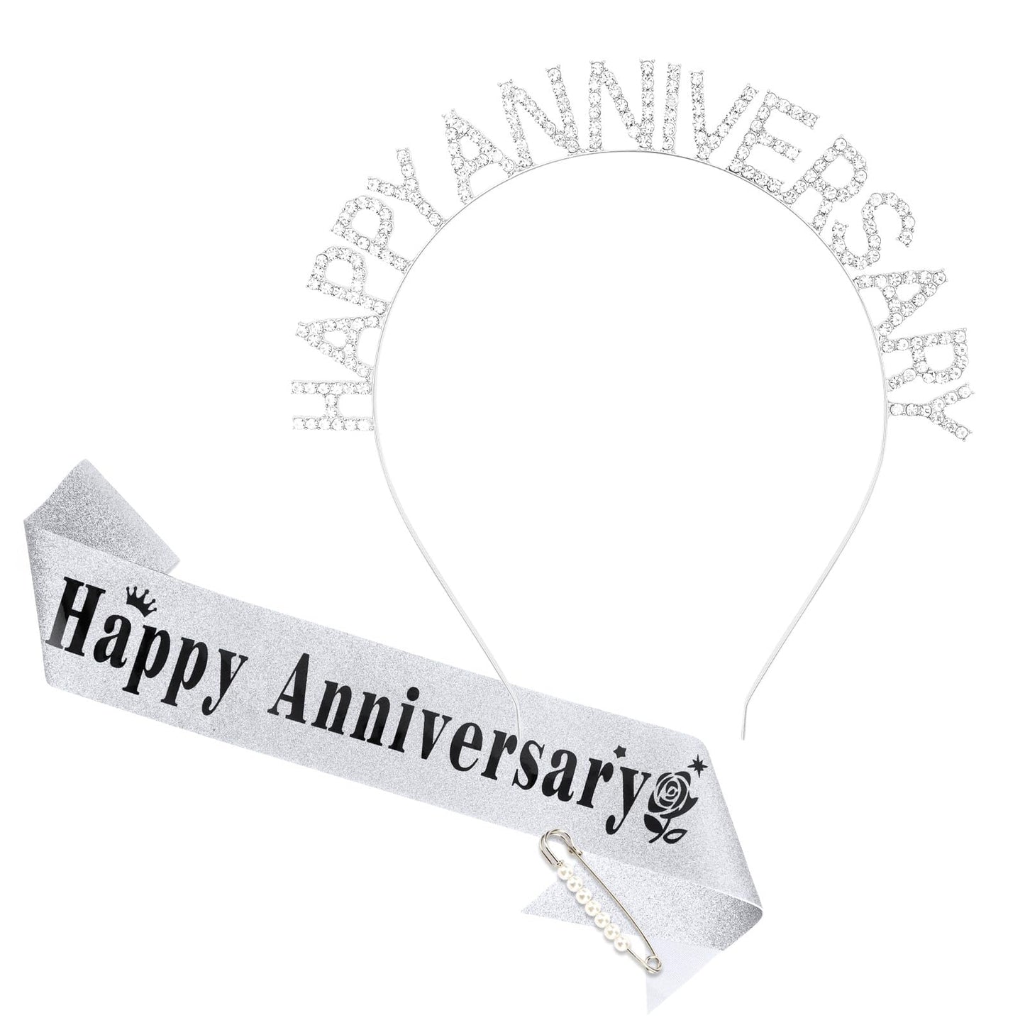 YARIEW Happy Anniversary Headband and Sash Set for Women and Girls Rhinestone Headband and Silver Sash for Happy Anniversary Decorations Gifts for Women