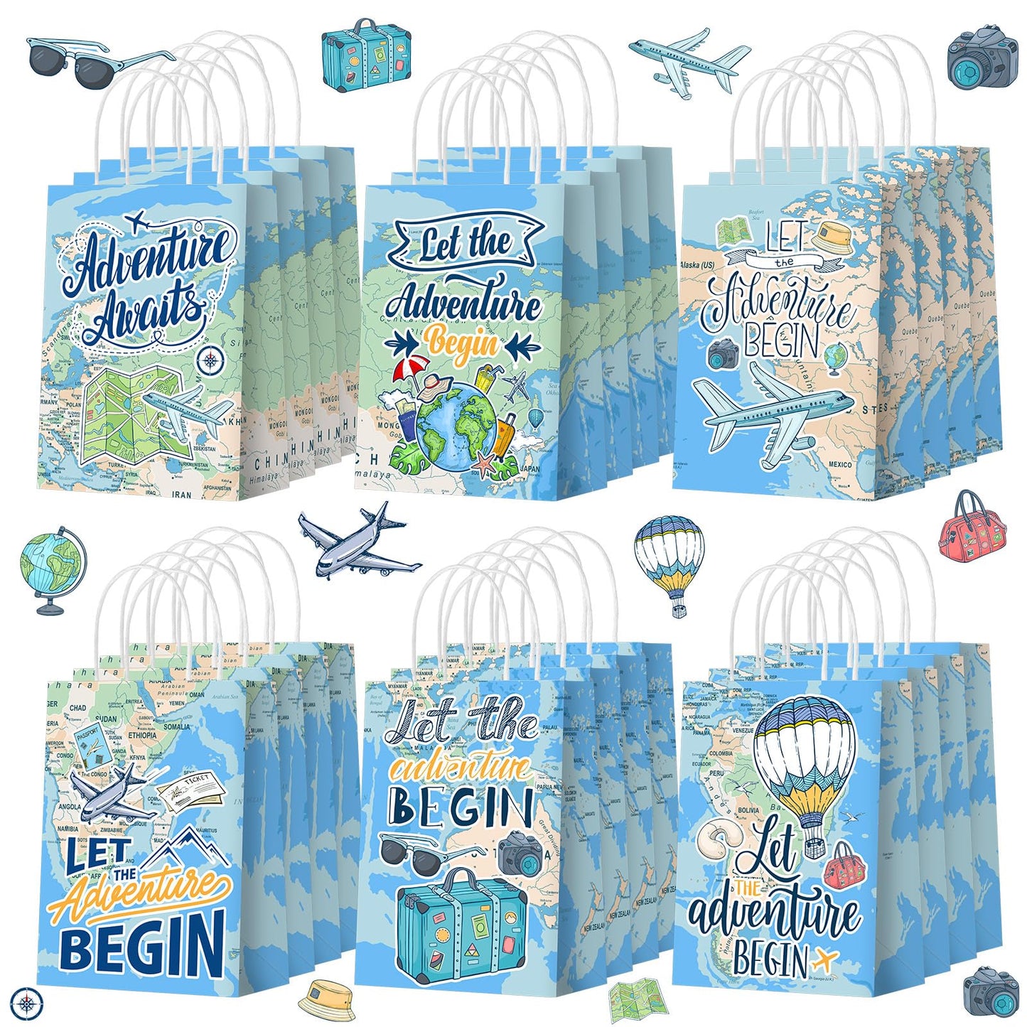 Adventure Themed Gift Bags with Handle – 24 Pack, World Map Designs
