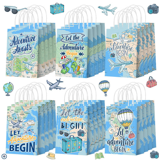 Adventure Themed Gift Bags with Handle – 24 Pack, World Map Designs
