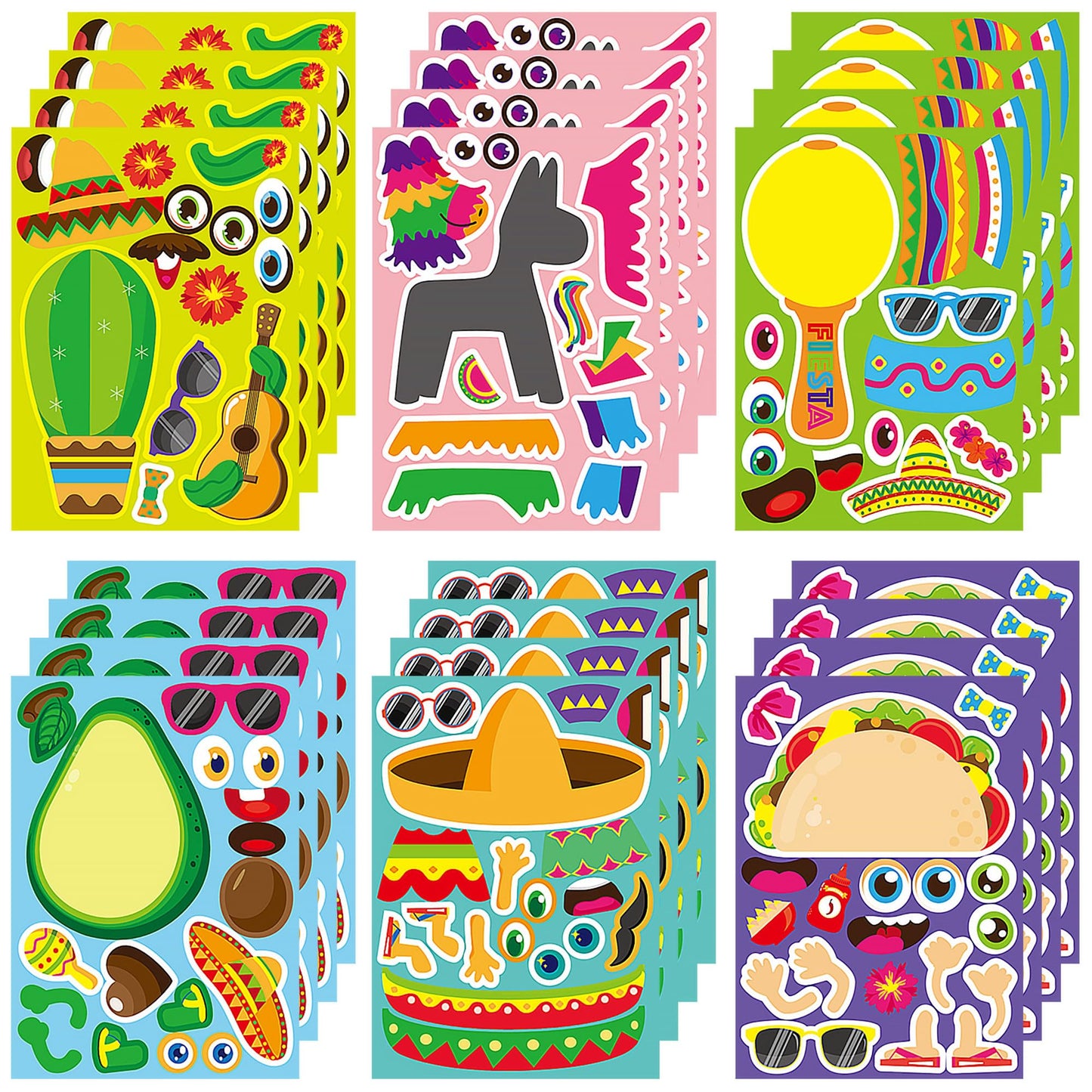 Mexican Fiesta Make-a-Face Sticker Sheets Party Favours – 24 Pack