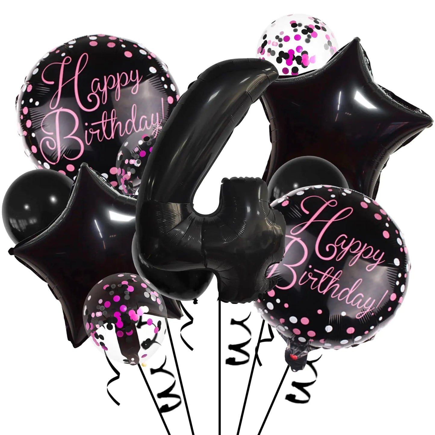 Number 4 Black & Pink Confetti Balloon Bundle