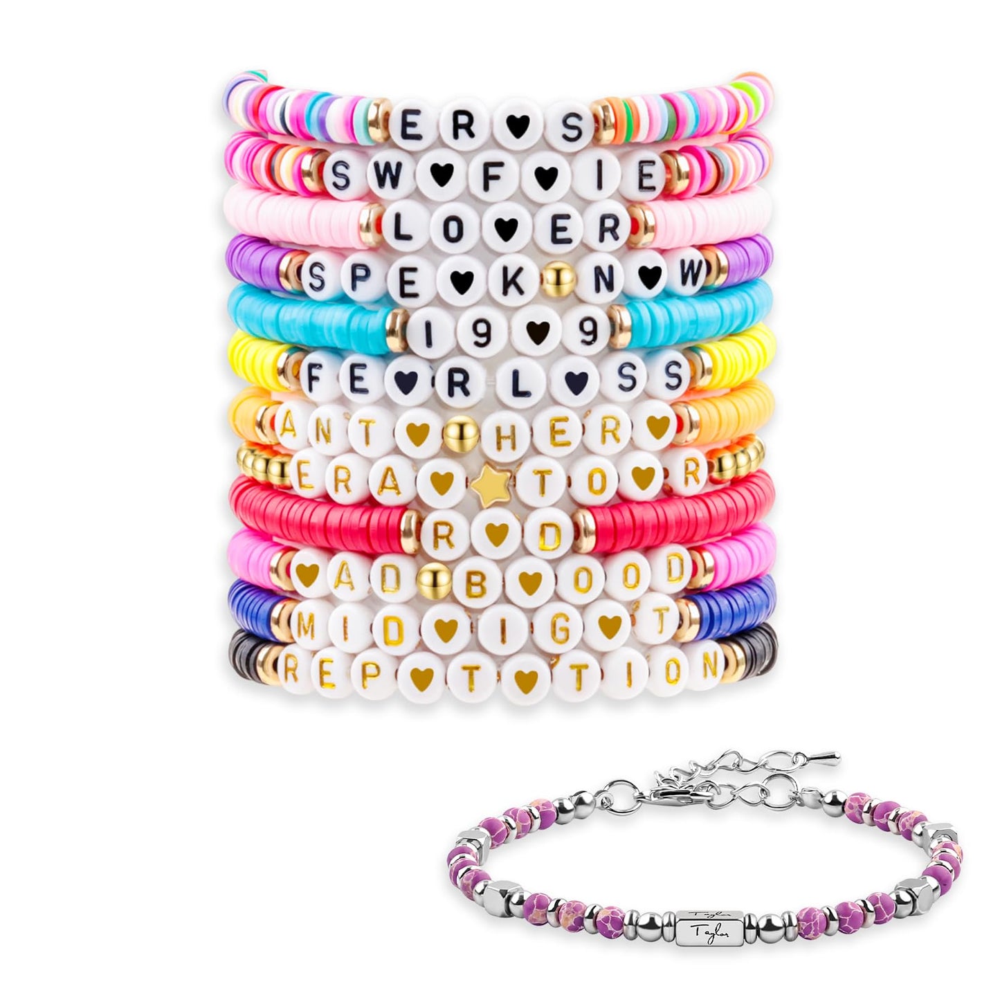 YUZHEJIE Friendship Bracelets Merch Colorful Preppy Surfer Singer Music Inspired Letter Bracelets Concert Gifts for Women Fans (Purple + 12PCS)