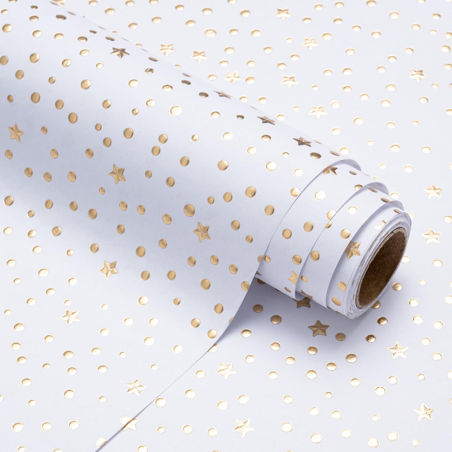 WRAPAHOLIC 3D Kraft Wrapping Paper Roll - Mini Roll - 17 Inch x 16.5 Feet - Gold and White Stars Design with Embossed Perfect for Birthday Holiday Wedding Baby Shower