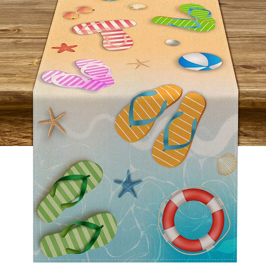 Summer Beach Table Runner Flip Flops Seaside Themed Birthday Seasonal Holiday Party Kitchen Dinning Room Home Decoration (13" x 48")
