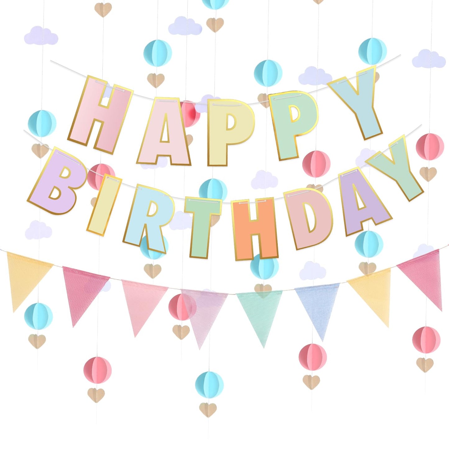 Pre-Strung Happy Birthday Banner and Decorations-Girls Toddler Birthday Decorations-Happy Birthday Banner and 3D Garland with Pennant Banner Flags Pastel
