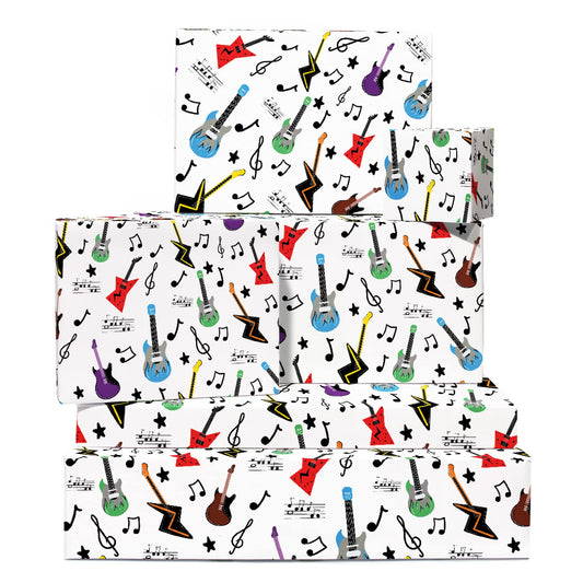Music Guitar Birthday Wrapping Paper – 6 Sheets with Gift Tags