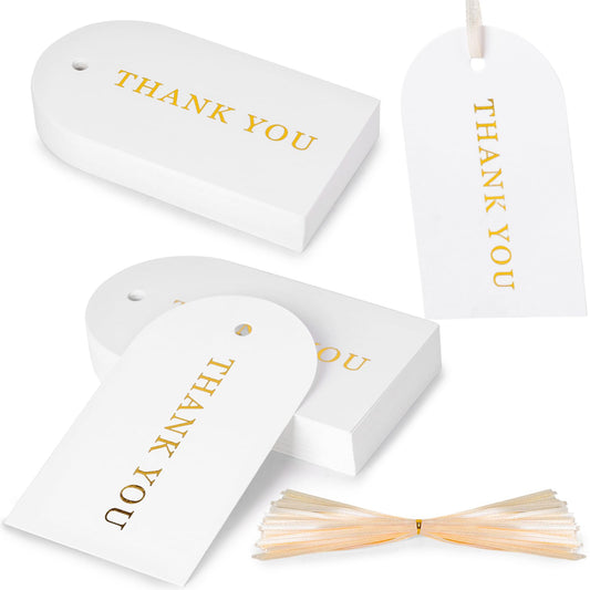 White Gold Stamping Thank You Gift Tags with Ribbon – 120 Pack