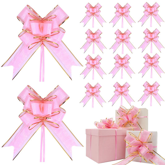 Valentines Day Large Pull Bows Bulk 7 Inch Pull Bow for Gift Wrapping Rose Pattern Ribbon Gift Bows for Presents Package Gift Baskets Christmas Wedding Anniversary Party Decor (Pink)