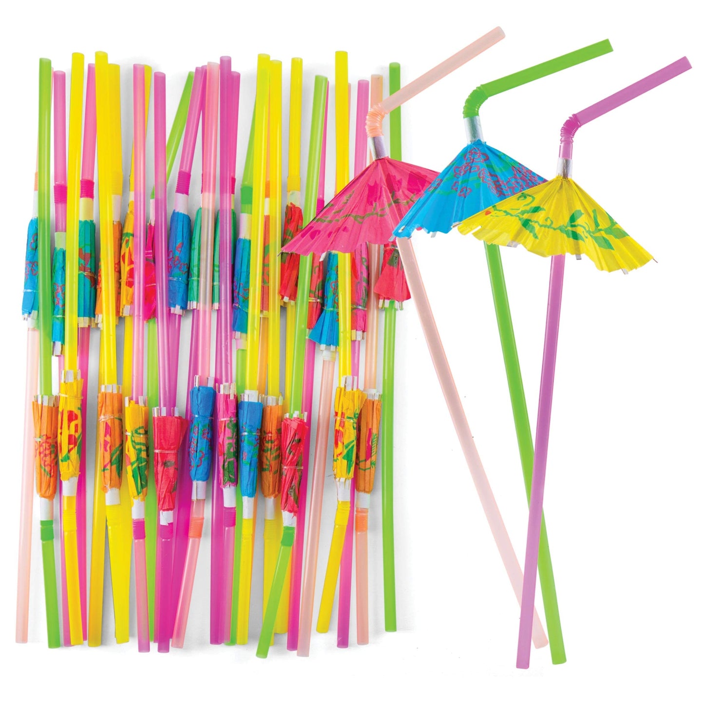 Prextex Umbrella Drinking Straws 200pcs - Flexible Straw Bendable/Bendy Straws Colored Long Plastic Straws Disposable Plastic Straws Colored Straws Cocktail Straws Umbrella Straws Tumbler Straw