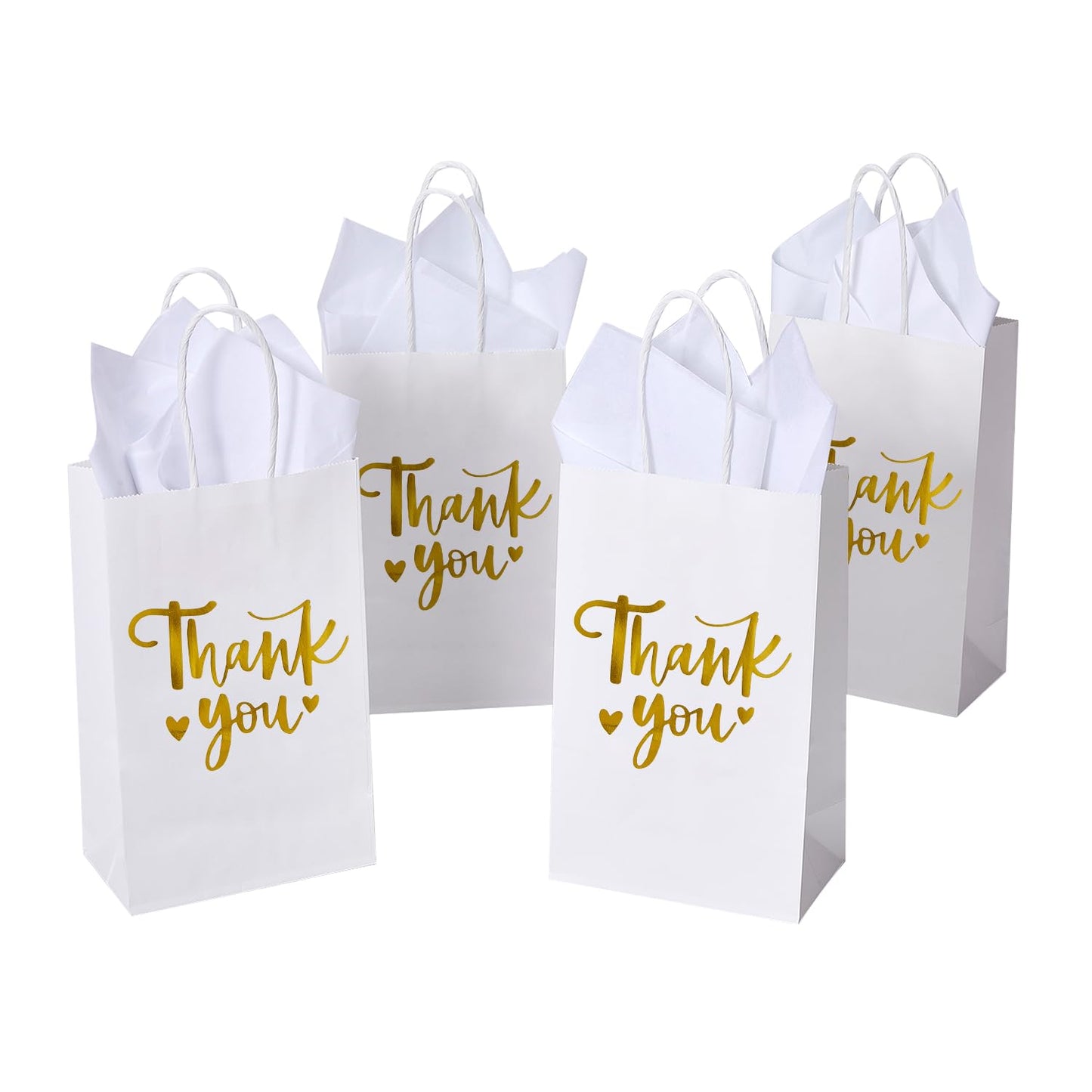 White & Gold Foil Thank You Gift Bags with Tissue Paper – 50 Pack